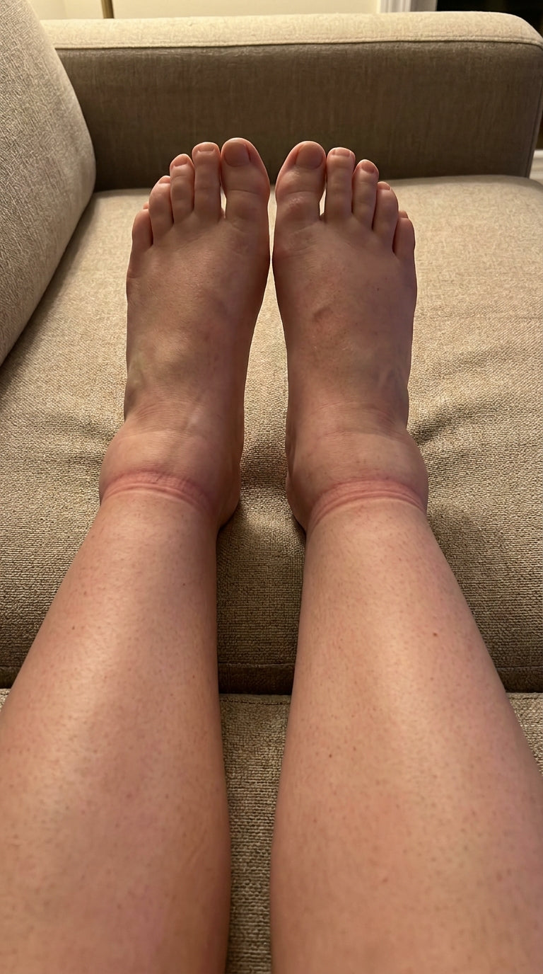 Deep sock indents around both ankles in the evening
