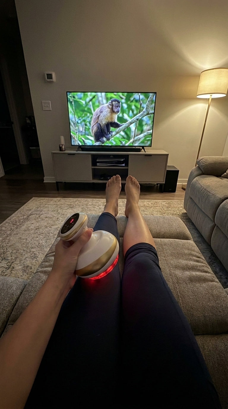 Using the Marova device on a calf while sitting on a couch