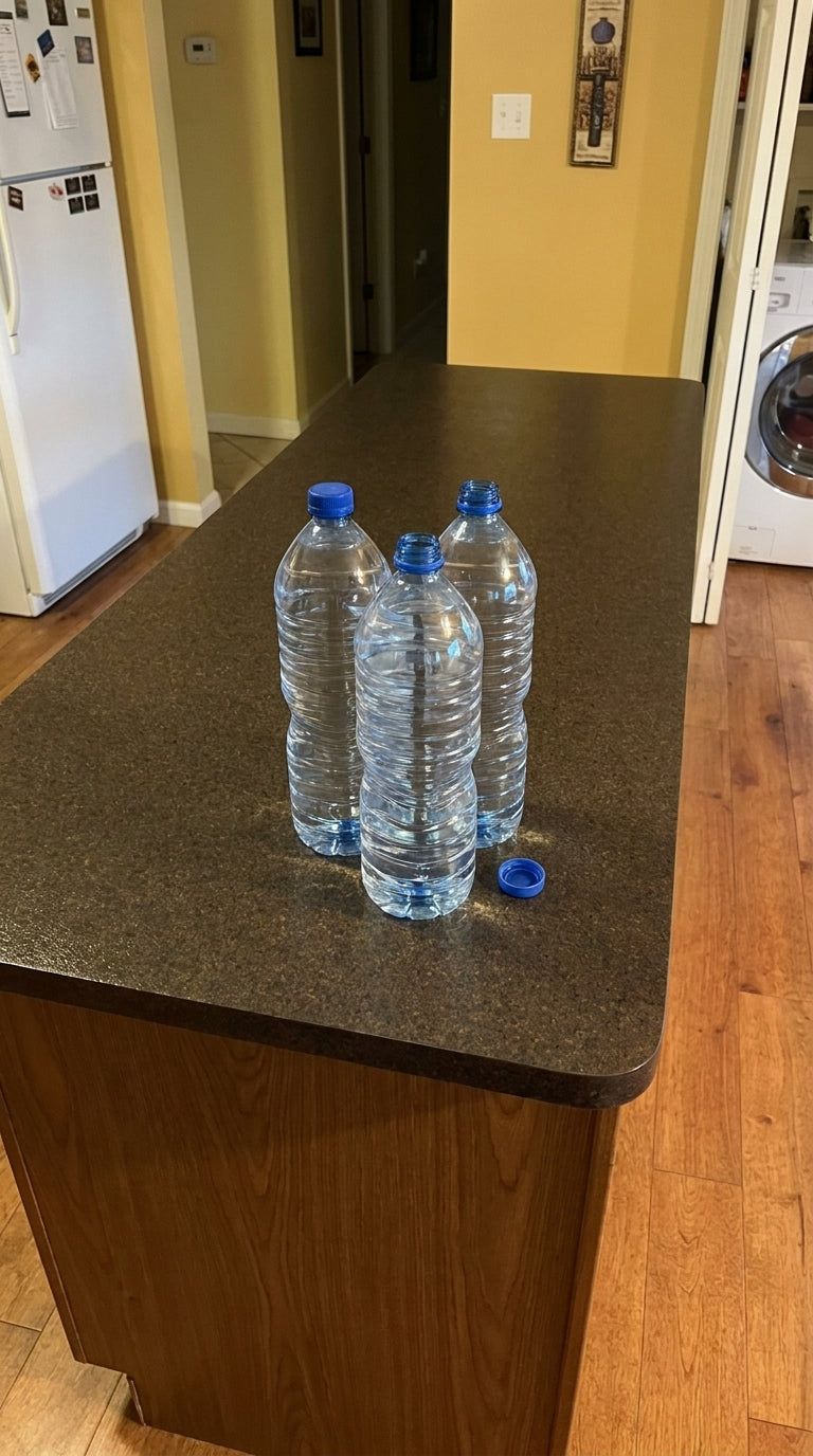 Water bottles on a kitchen counter