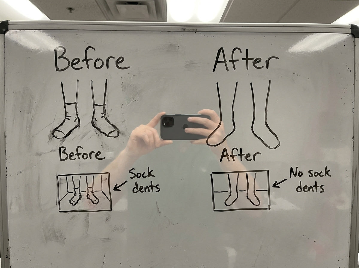 Hand-drawn before and after sketch of ankles with and without sock dents